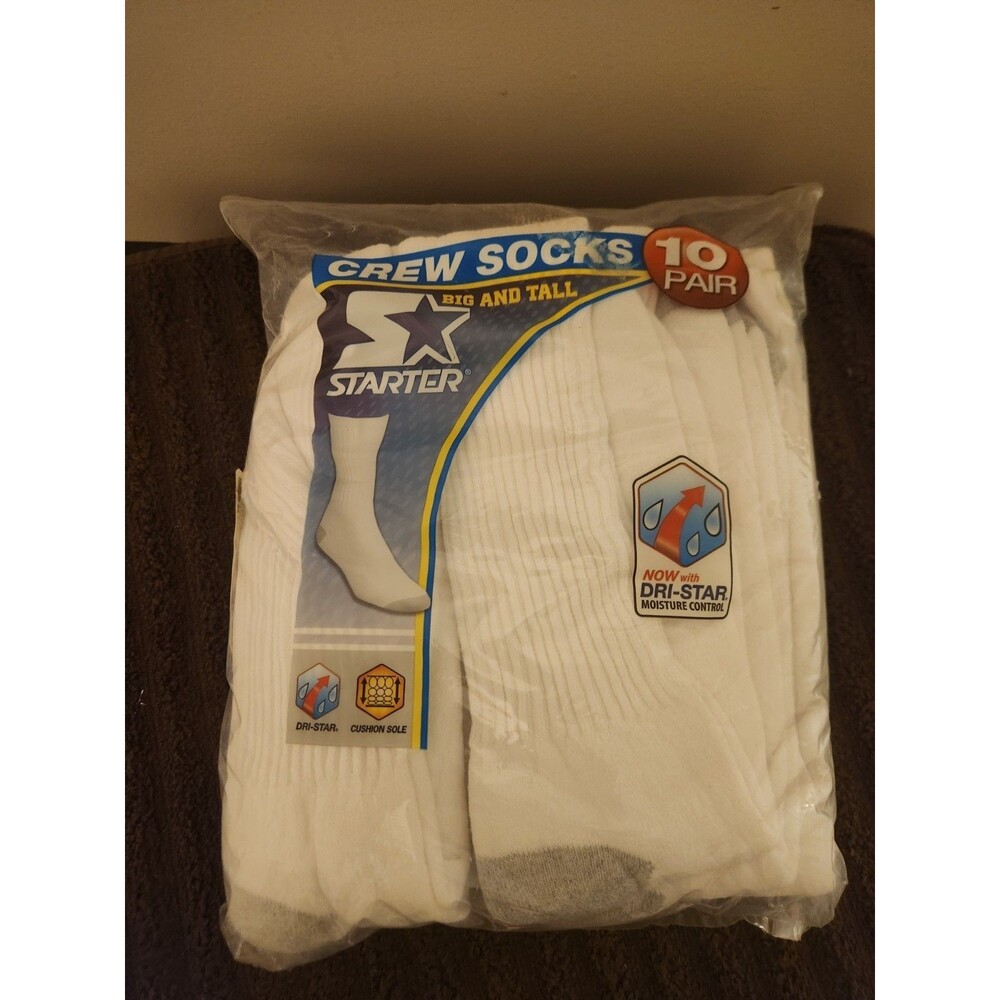 Starter Crew Socks Mens Size 12W-15 White 10 Pair Cushion Brand New Sealed